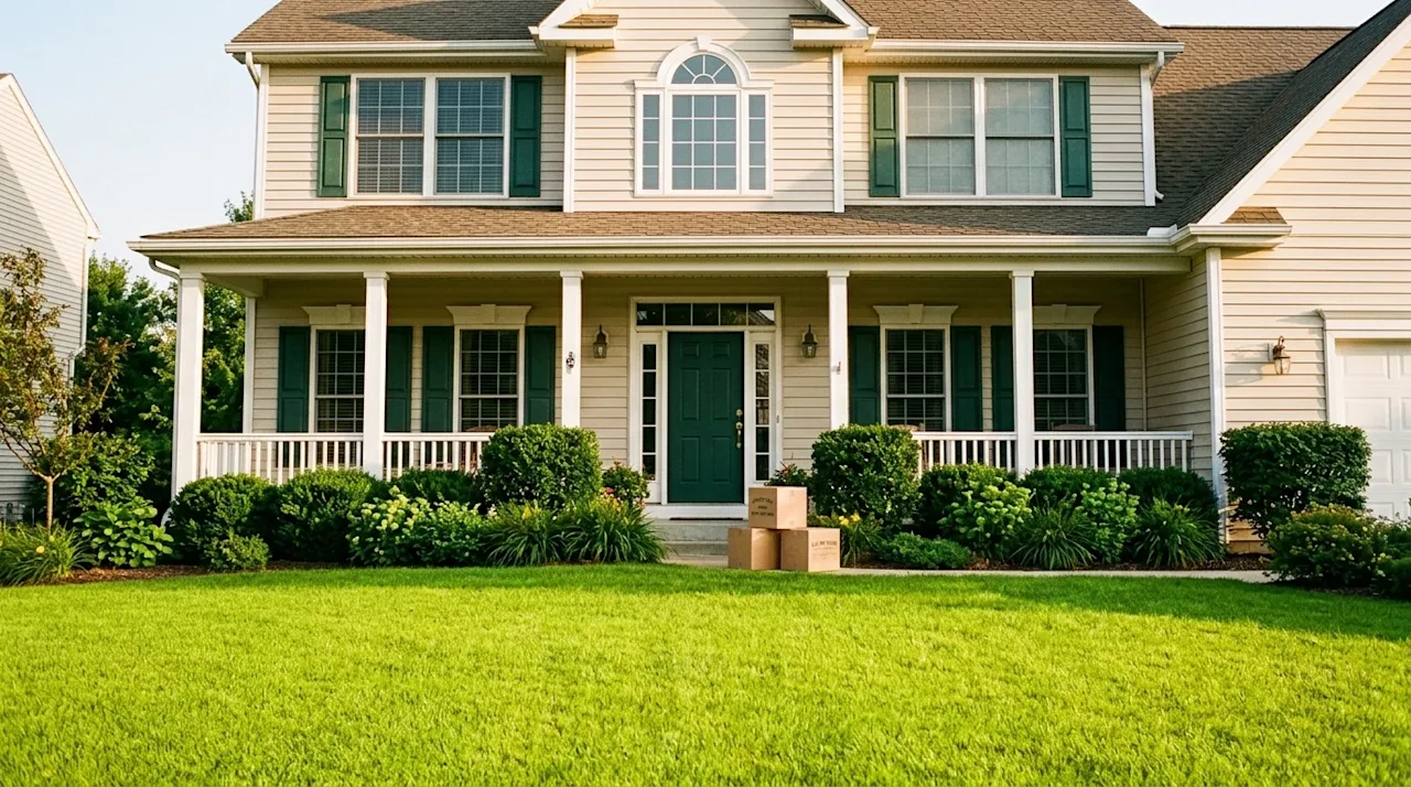 Cinematic photograph of a beautiful, well-maintained suburban home exterior showcasing excellent curb appeal, perfect for att