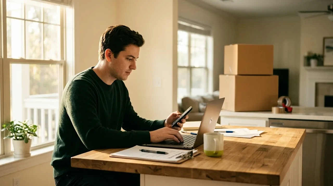 Professional marketing lifestyle photography of a person sitting at a natural wood kitchen island, actively typing on a lapto