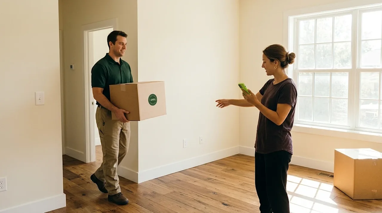 Clear, professional marketing photography, candid lifestyle shot. A friendly professional mover in a dark forest green polo s