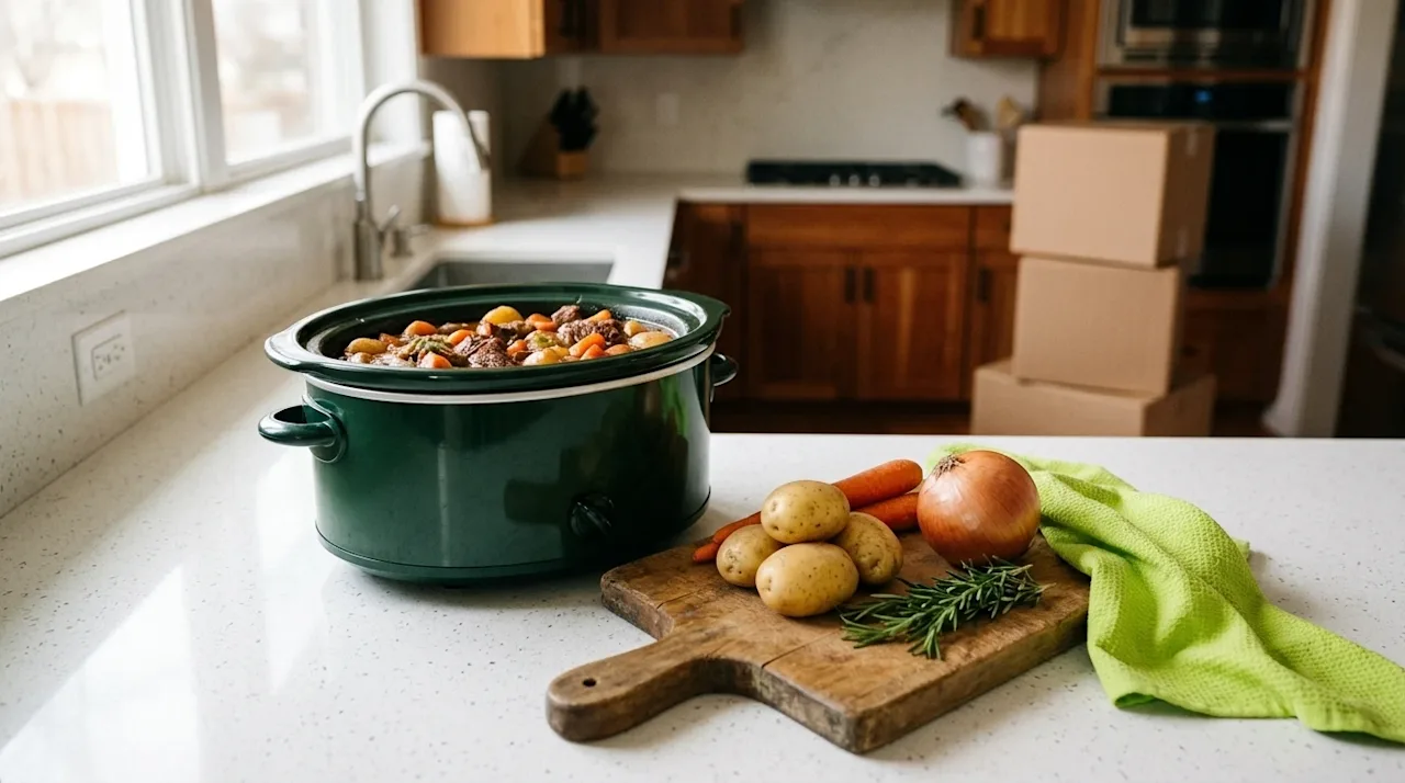 Professional marketing lifestyle photography of a dark forest green slow cooker resting on a bright, clean kitchen counter, f