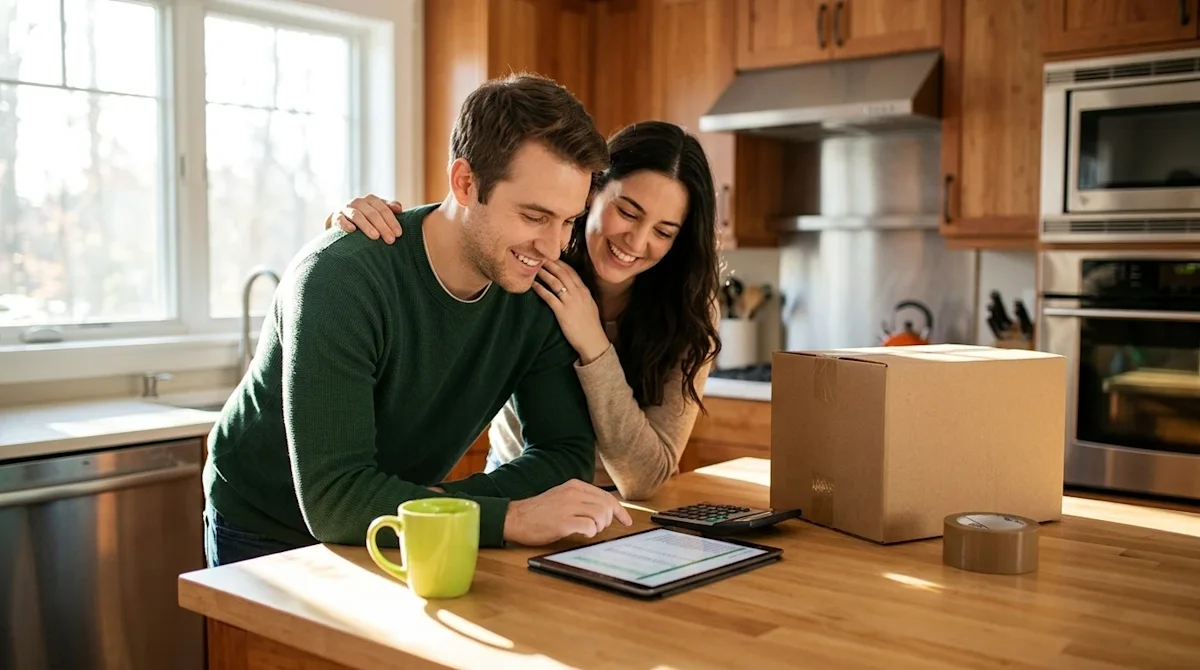 Clear, professional marketing photograph of a smiling couple in a cozy, warm-toned modern kitchen, planning their moving budg