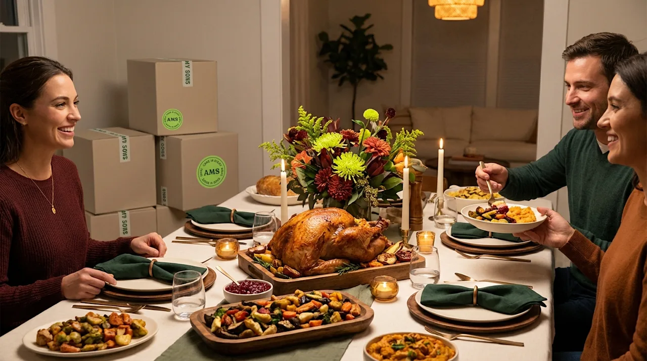 Family enjoying Thanksgiving dinner in a new home with moving boxes, signifying a successful relocation.