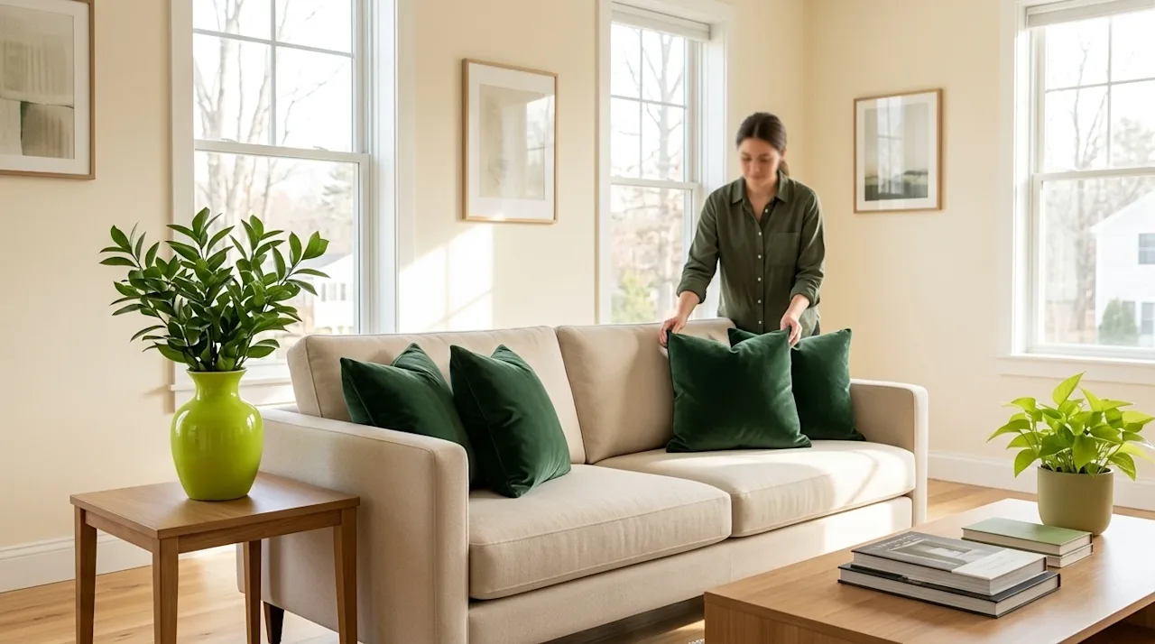 Clear and professional marketing photography of a beautifully staged, bright, and airy living room prepared for an open house