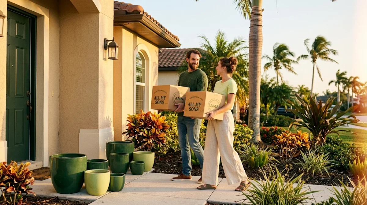 Professional marketing lifestyle photography of a happy couple moving into a beautiful Florida-style home in Fort Myers durin