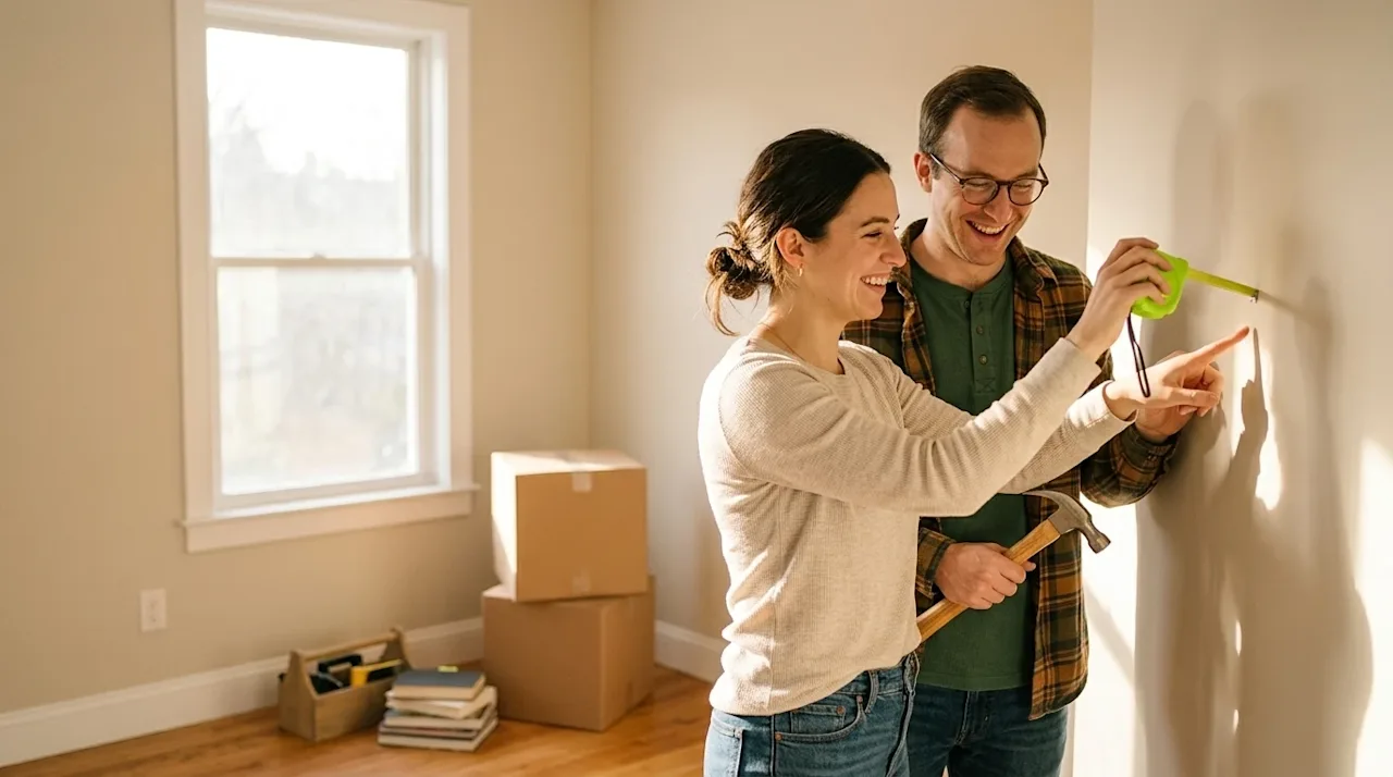 Professional marketing photography, candid lifestyle shot of a happy young couple doing home repairs in a sunlit, welcoming l