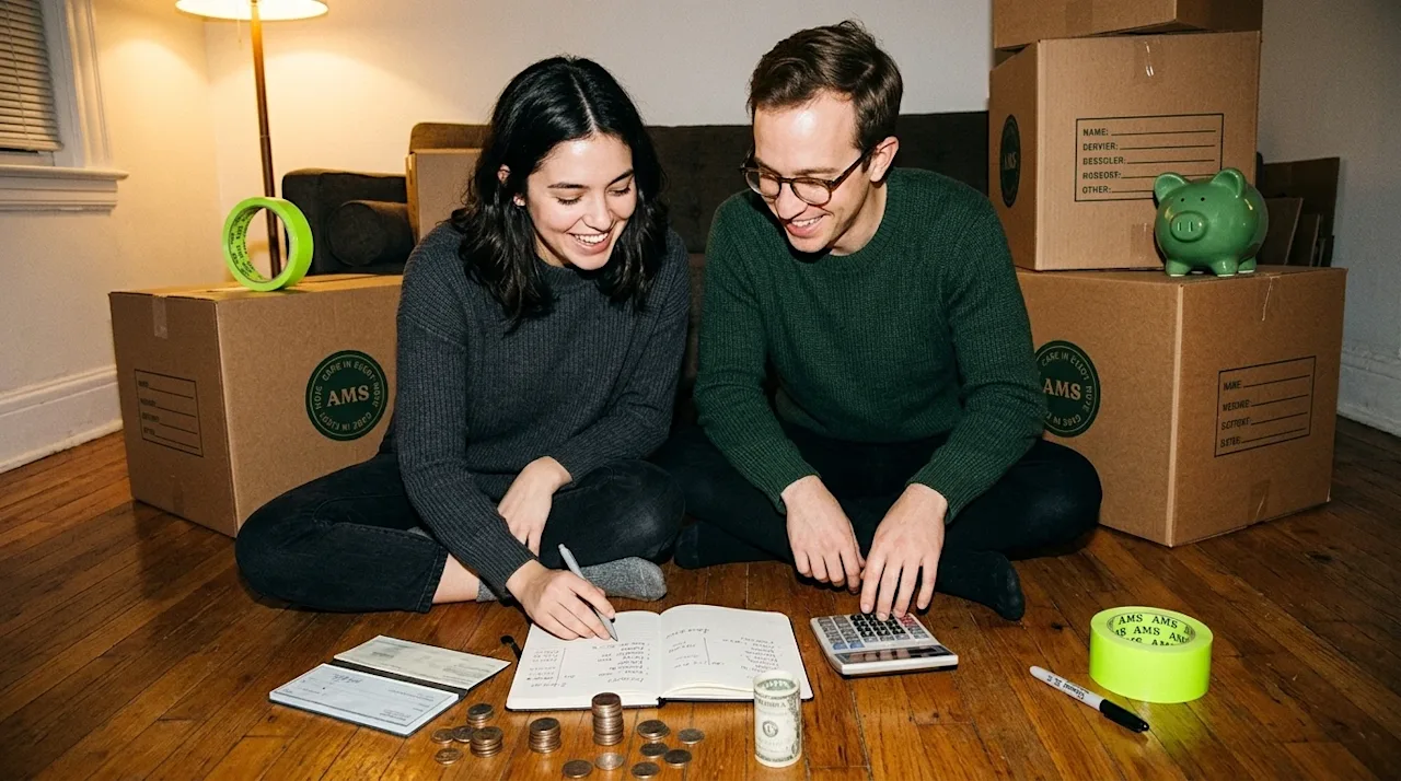Candid editorial photography of a young smiling couple sitting on the wooden floor of their living room planning out their mo