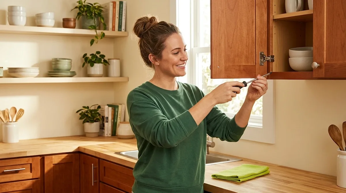 Clear, professional marketing photography of a relatable homeowner doing indoor home maintenance. A smiling person in a comfo