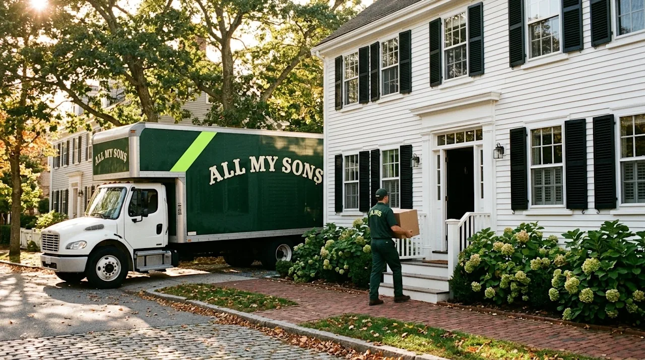 Cinematic 35mm photography of a picturesque historic coastal street in Rhode Island, featuring a beautiful classic New Englan