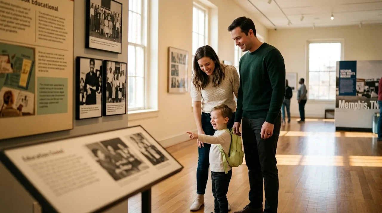Professional lifestyle marketing photography of a smiling young family exploring a bright, spacious museum gallery in Memphis