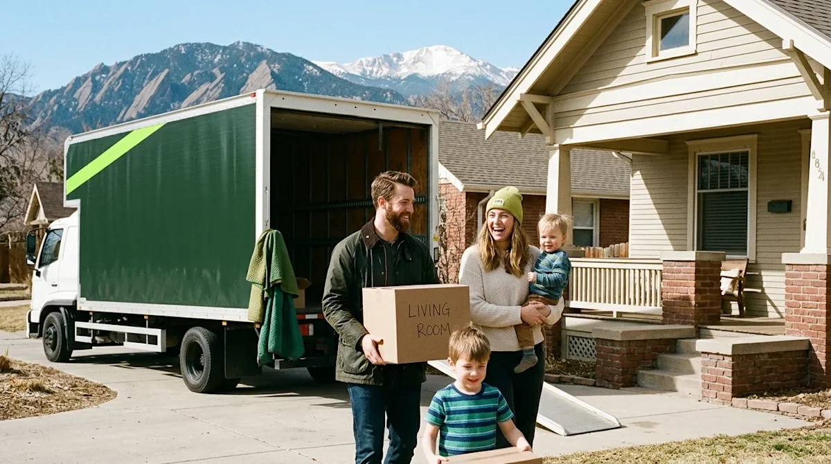 A photorealistic, authentic lifestyle photograph of a happy family moving into a new home in Denver, Colorado. The scene is s