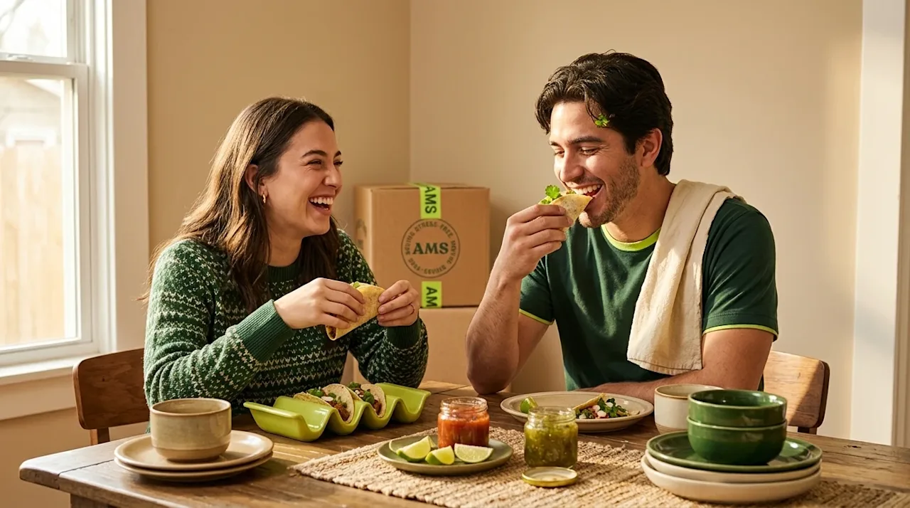 Professional marketing photography, warm authentic lifestyle editorial shot. A happy young couple sitting at a rustic wooden