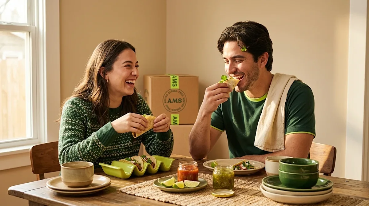 Professional marketing photography, warm authentic lifestyle editorial shot. A happy young couple sitting at a rustic wooden