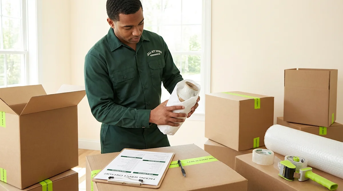 Professional mover in green uniform wrapping fragile item near boxes and packing service checklist.
