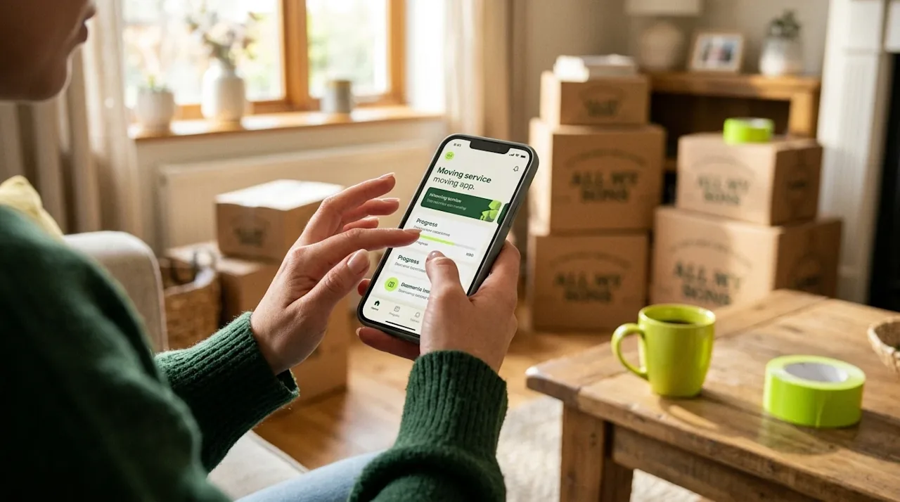 Authentic, high-quality lifestyle photography of a person's hands holding a modern smartphone, interacting with a bright, cle