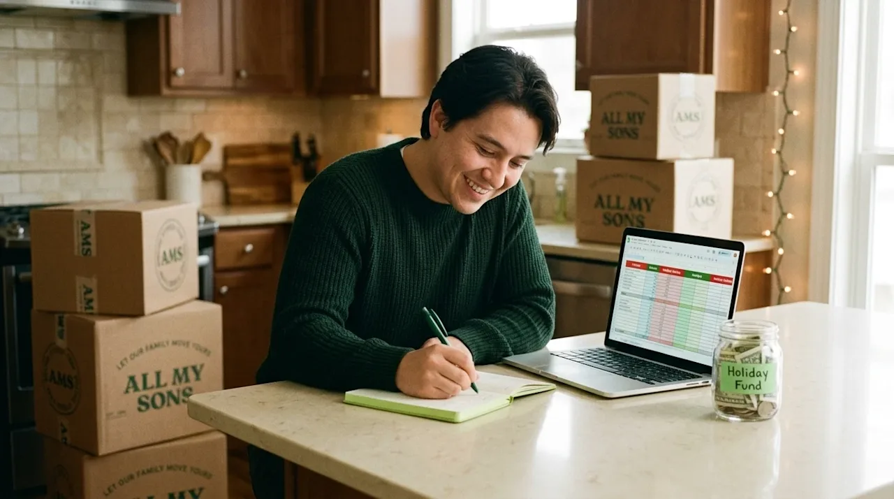 Authentic 35mm film lifestyle photography of a person sitting at a cozy kitchen island, happily organizing a budget and side-
