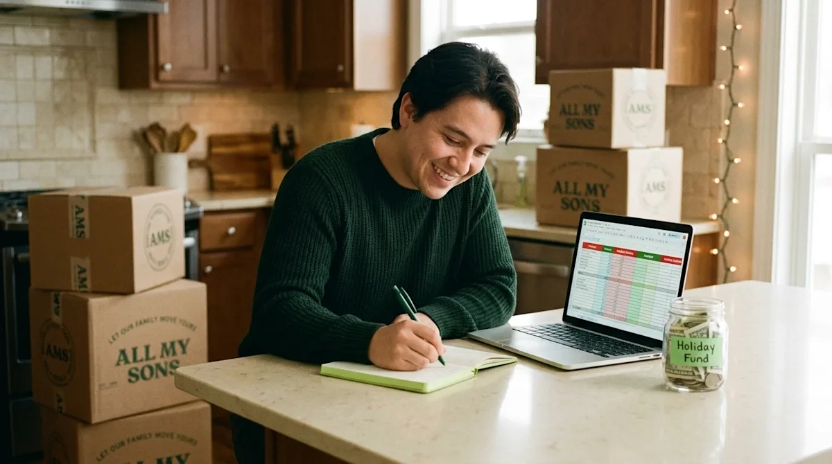 Authentic 35mm film lifestyle photography of a person sitting at a cozy kitchen island, happily organizing a budget and side-