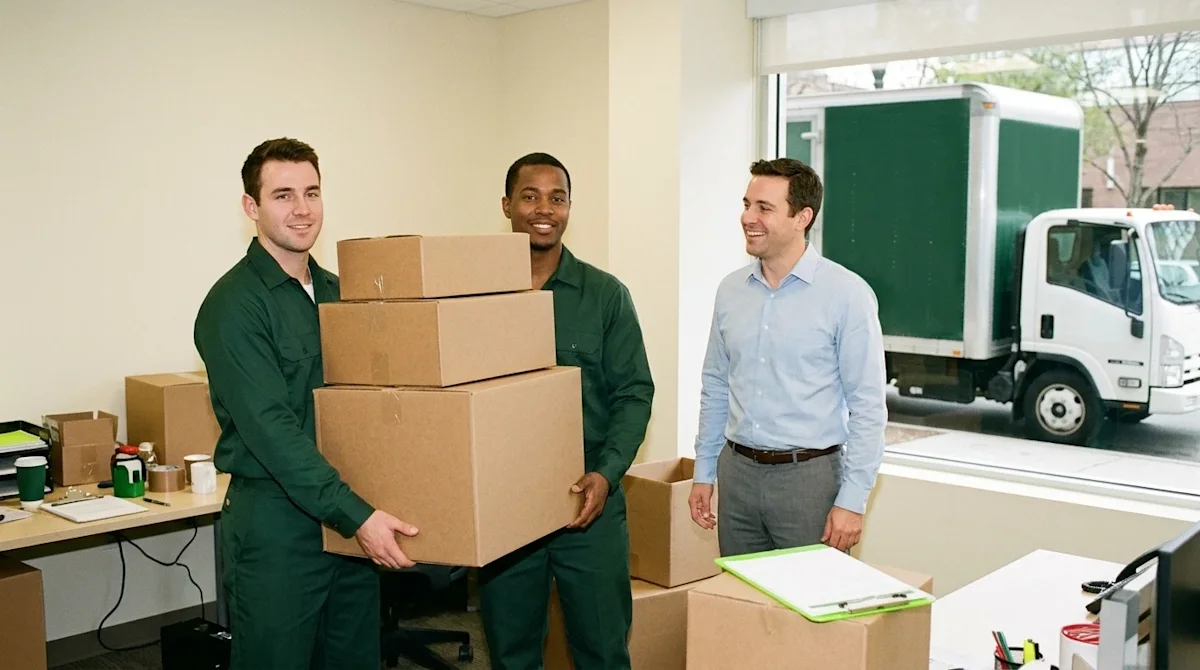 A candid, 35mm film-style lifestyle photograph capturing a commercial office relocation. In the center, two professional move