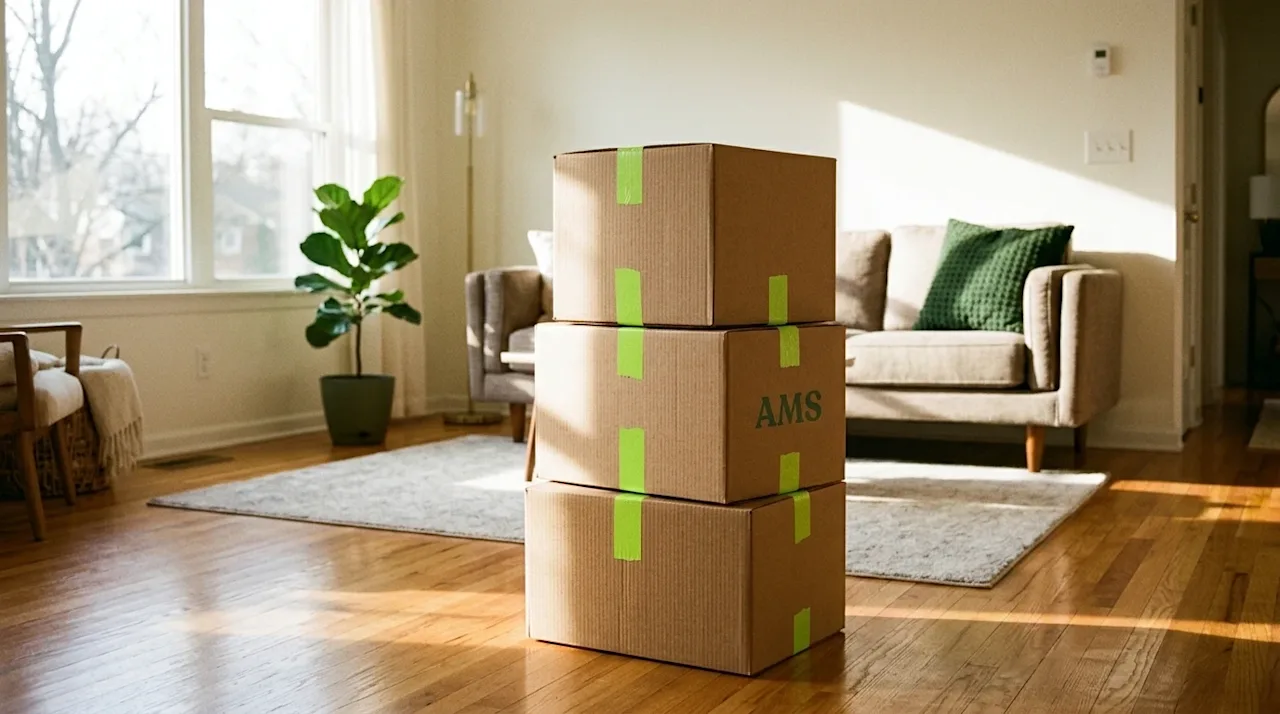 A warm, sunlit, freshly decluttered living room that feels airy and spacious. In the foreground, slightly off-center, rests a