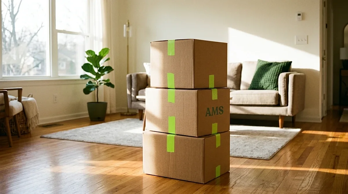 A warm, sunlit, freshly decluttered living room that feels airy and spacious. In the foreground, slightly off-center, rests a