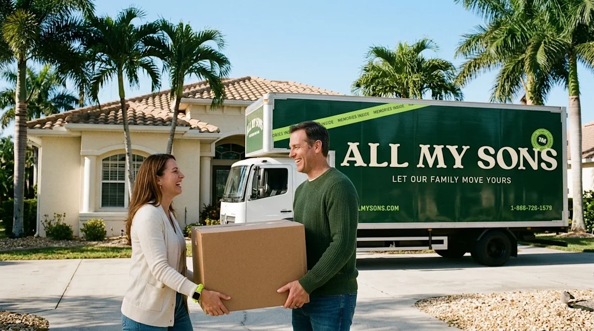 Candid lifestyle photography, a joyful couple moving into a beautiful sunny home in Sarasota, Florida, clear blue sky, lush d