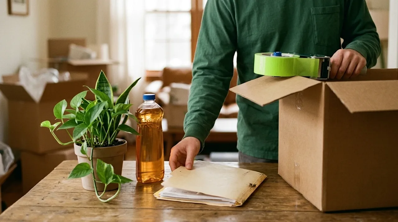 A candid, lifestyle photograph with a warm, 35mm film aesthetic showing a moving day scene. Close up on a wooden table where