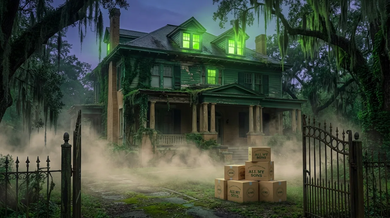 Haunted Southern Gothic mansion in Atlanta with glowing green windows and moving boxes in the foreground fog.