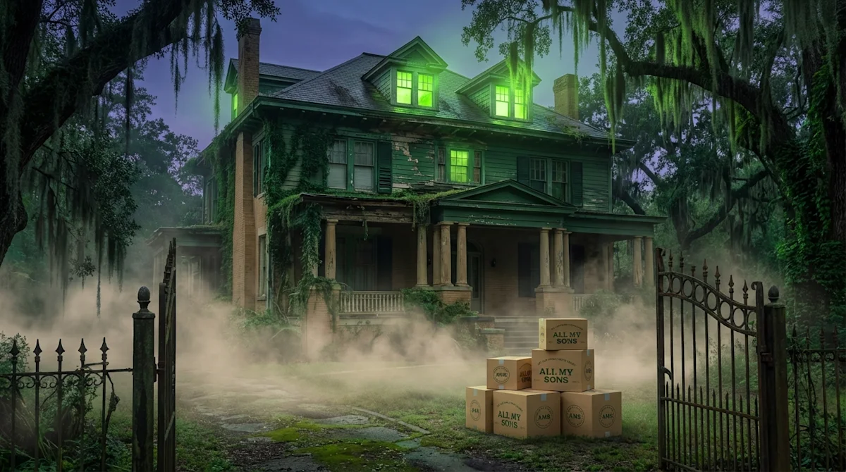 Haunted Southern Gothic mansion in Atlanta with glowing green windows and moving boxes in the foreground fog.