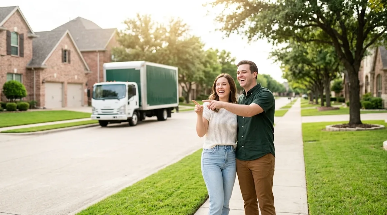 Clear and professional marketing photography of a happy young couple standing on the sidewalk of a beautiful, upscale, sunny