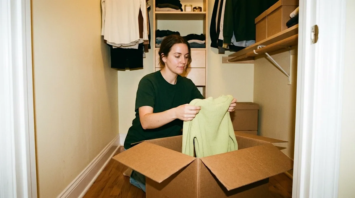 Candid 35mm film photography of a person packing a closet for a move. A casually dressed woman in a dark forest green shirt c