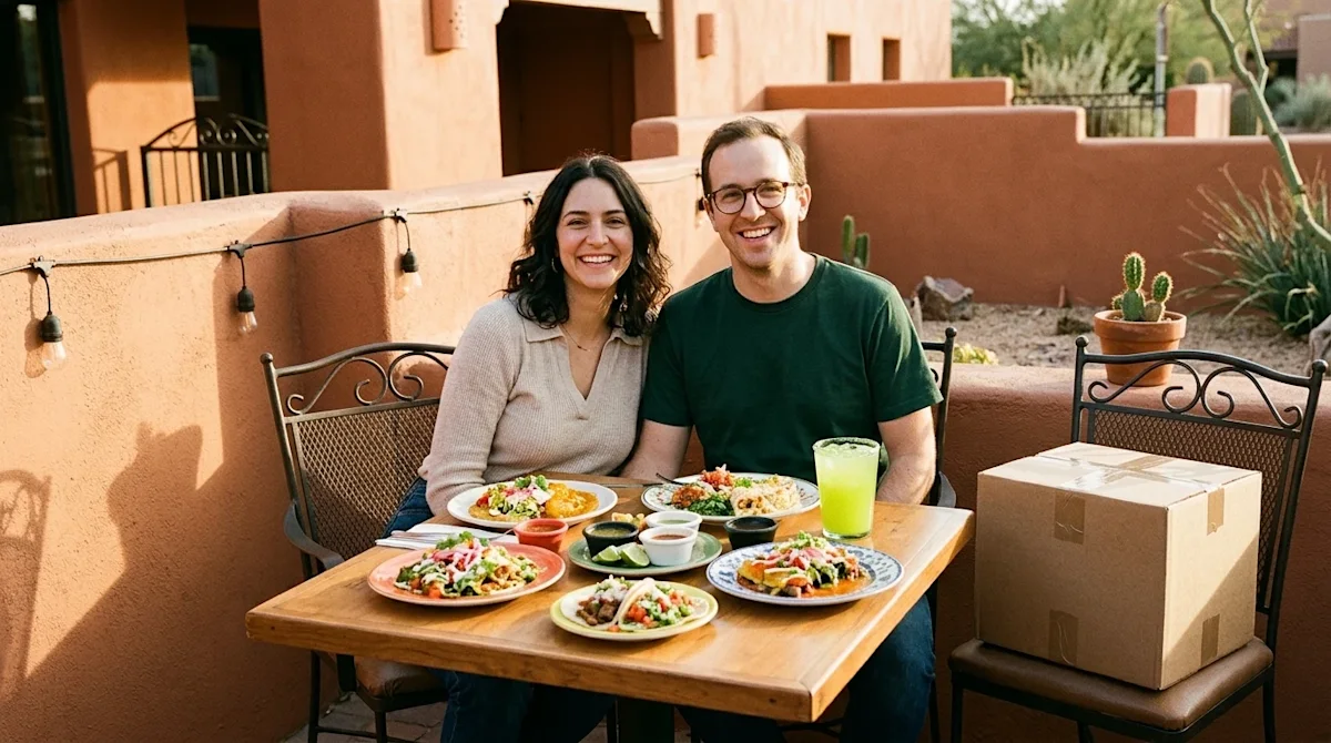 Candid 35mm film photography of a happy, relaxed couple enjoying a delicious, vibrant meal on a beautiful sunlit restaurant p