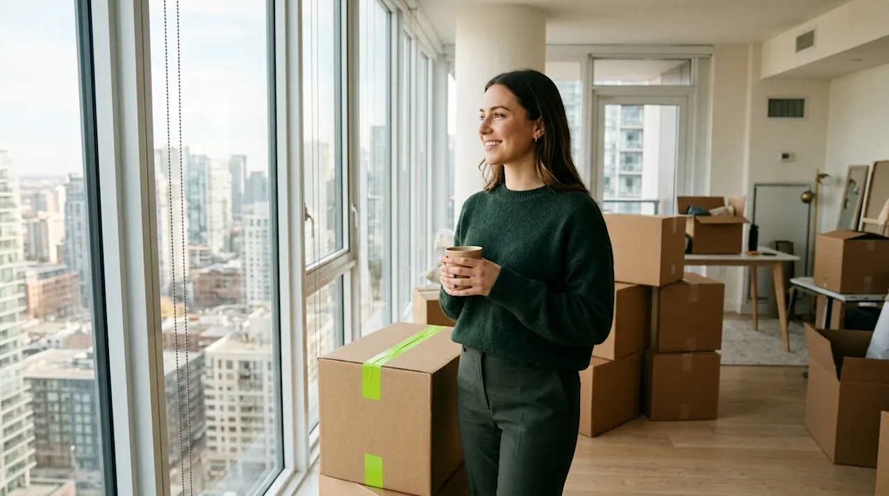 A high-quality lifestyle photograph of a confident young professional standing in a bright, modern apartment with a large win