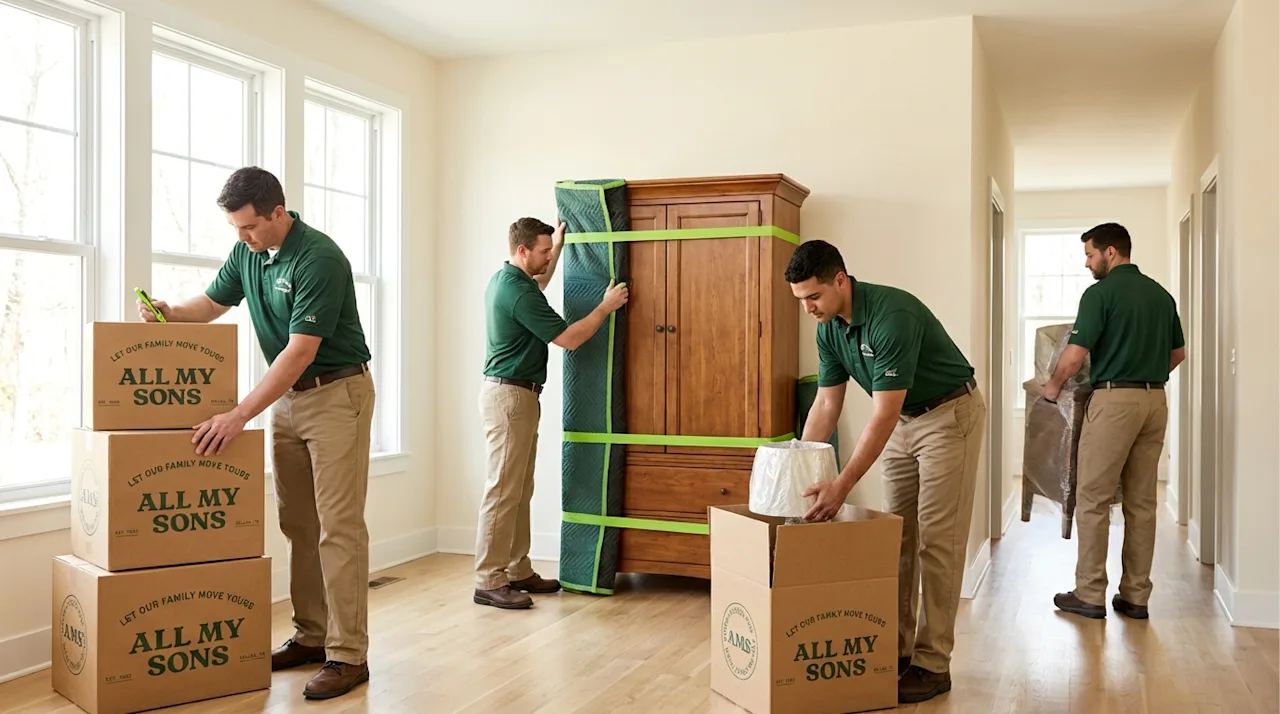 All My Sons movers packing boxes and carefully wrapping furniture in a bright modern home