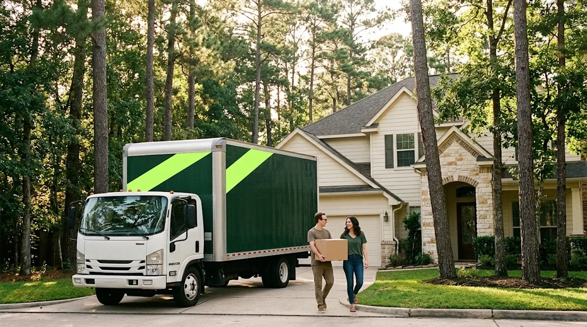 A candid lifestyle photograph shot on 35mm film depicting a couple moving into a new home in a lush, tree-lined suburban neig