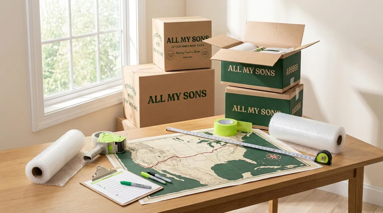 All My Sons branded moving boxes, map, and packing supplies arranged on a table for long-distance move planning.