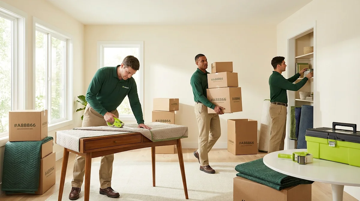 Professional movers in green uniforms providing full-service packing and wrapping furniture in a modern home.