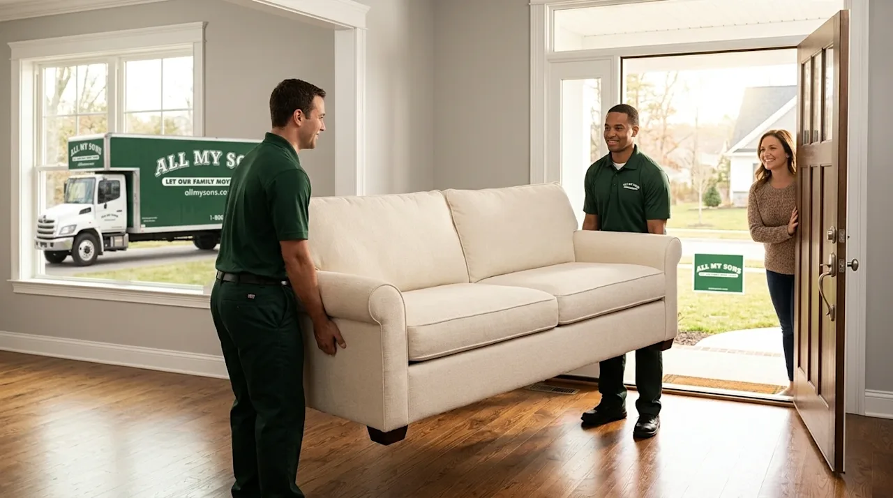 Clear and professional marketing photography of two professional movers helping a client relocate. The movers, wearing dark f