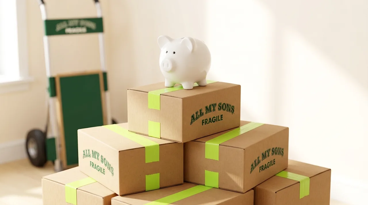 White piggy bank on a stack of All My Sons moving boxes with lime green tape, representing affordable moving services.