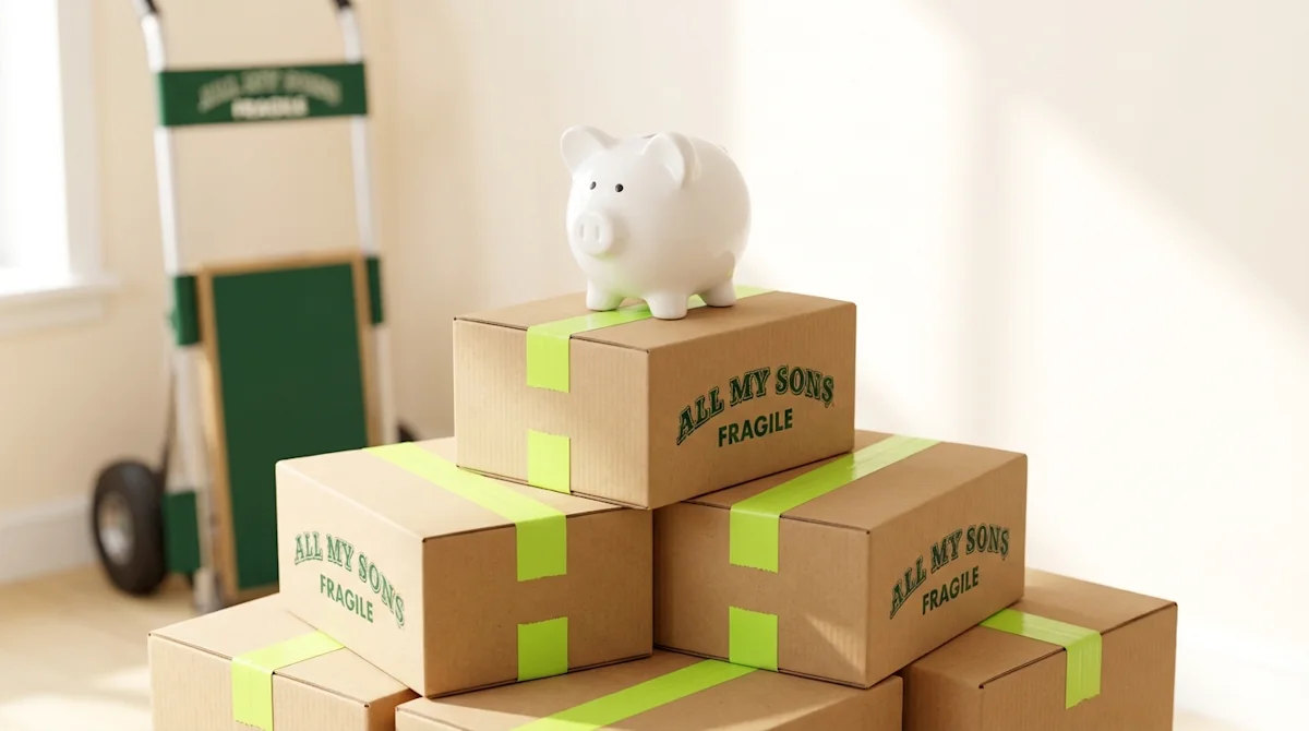 White piggy bank on a stack of All My Sons moving boxes with lime green tape, representing affordable moving services.