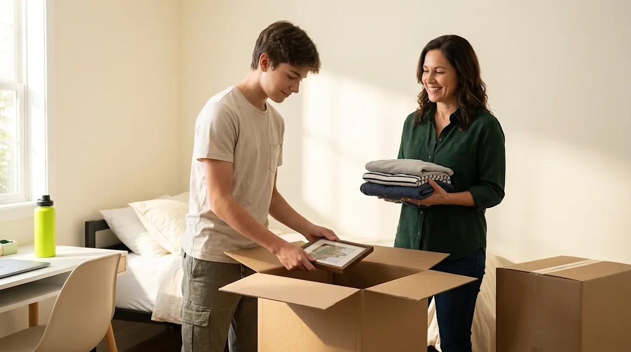 Professional marketing photography, lifestyle shot of a moving day with a teenager. A 16-year-old teenager and a parent are i