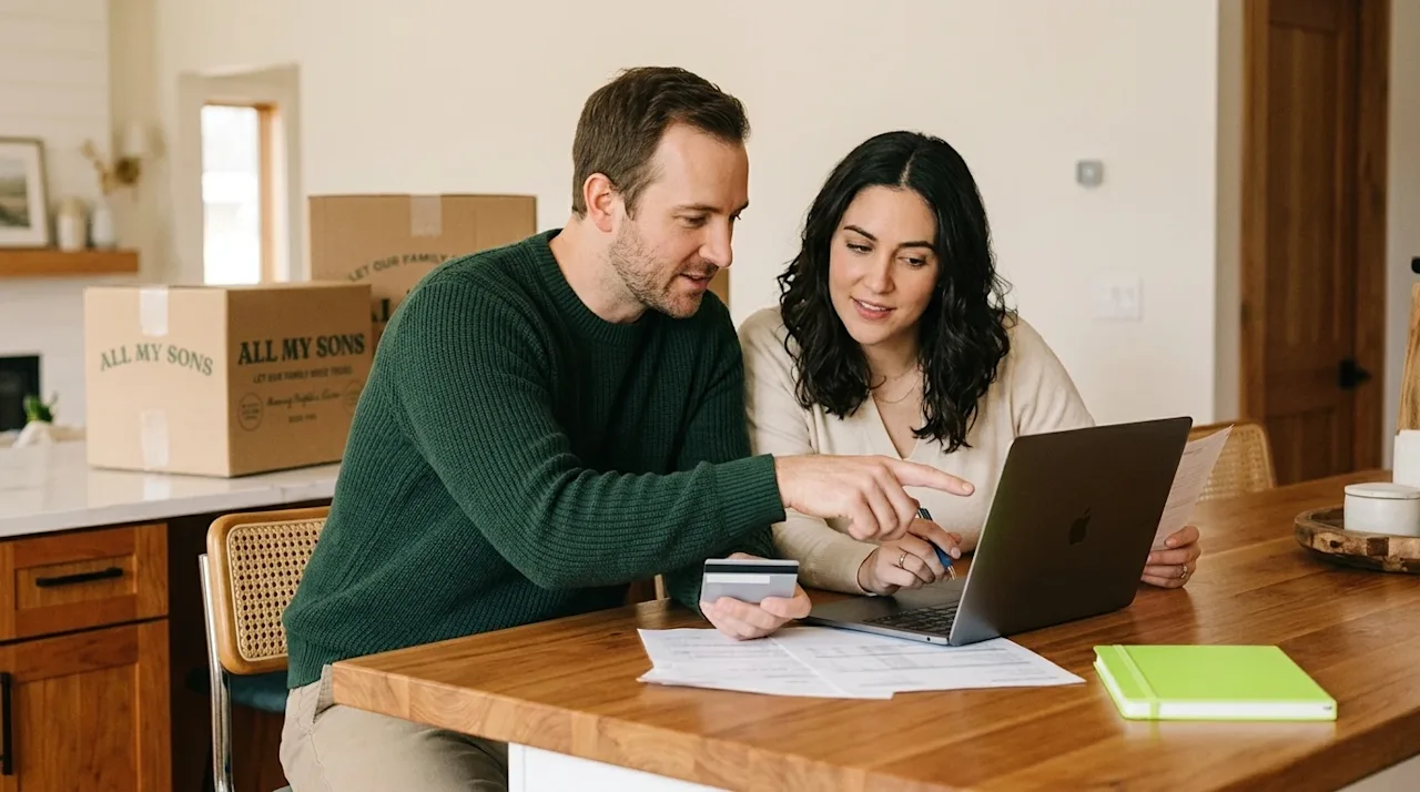 Professional marketing lifestyle photography of a couple sitting at a warm wooden kitchen island in a naturally lit, cozy hom