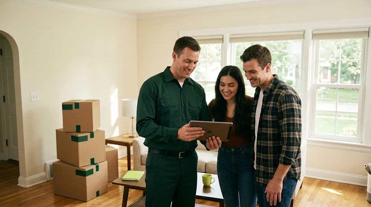 Editorial photography, a candid and warm shot of a professional mover in a dark forest green uniform shirt standing in the br