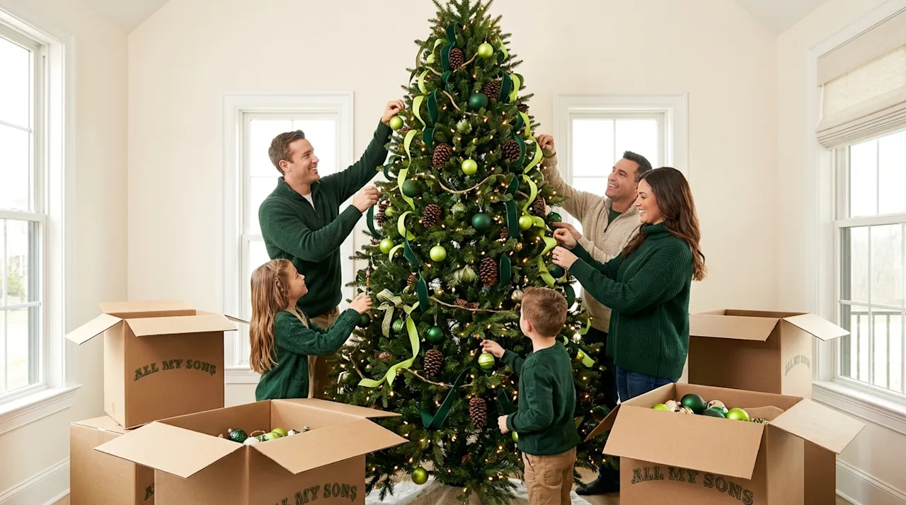 Family decorating a Christmas tree in a new home surrounded by All My Sons moving boxes for the holidays.