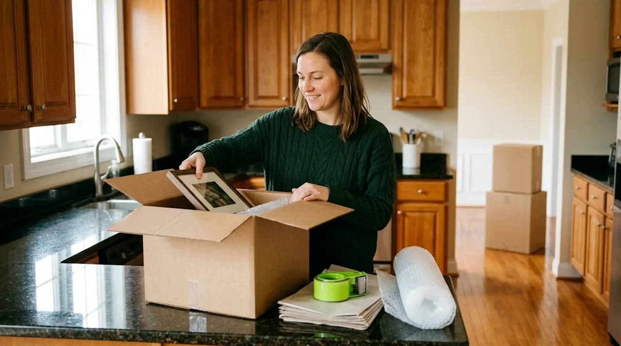 Candid lifestyle photography of a relaxed, smiling woman carefully packing belongings into a brown cardboard moving box in a