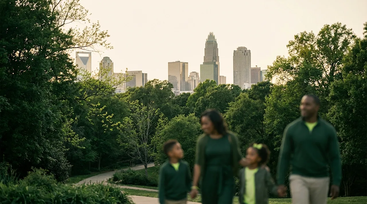 Family walking in a lush Charlotte park with the city skyline in background, forest green and lime green color palette.