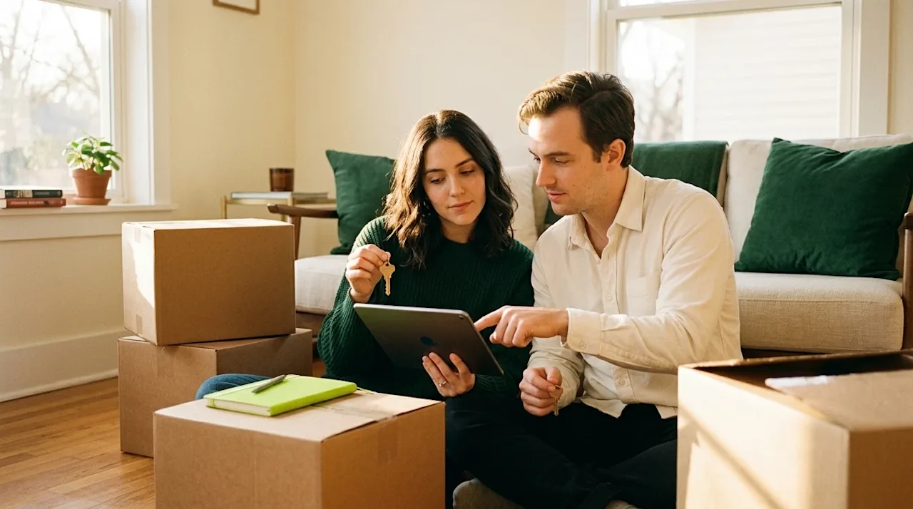 Authentic lifestyle photography of a thoughtful young couple sitting on the floor of a warmly lit living room, surrounded by