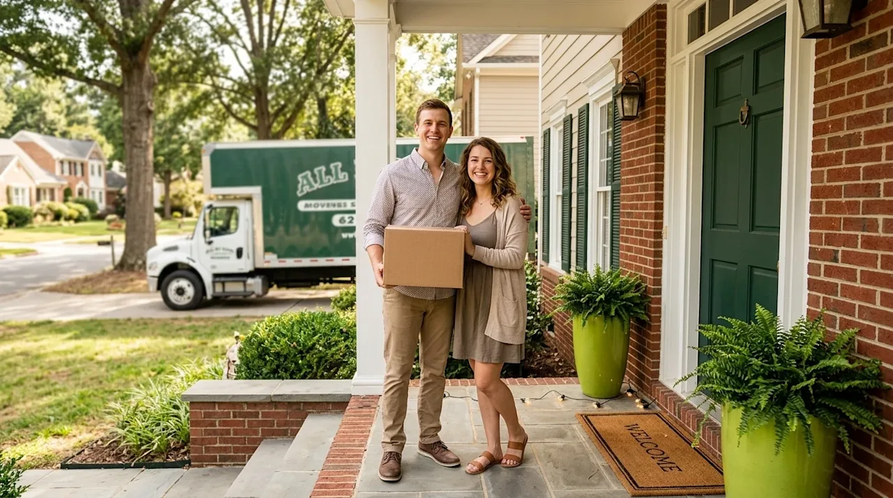Clear, professional lifestyle marketing photography of an excited young couple standing on the welcoming front porch of a cla