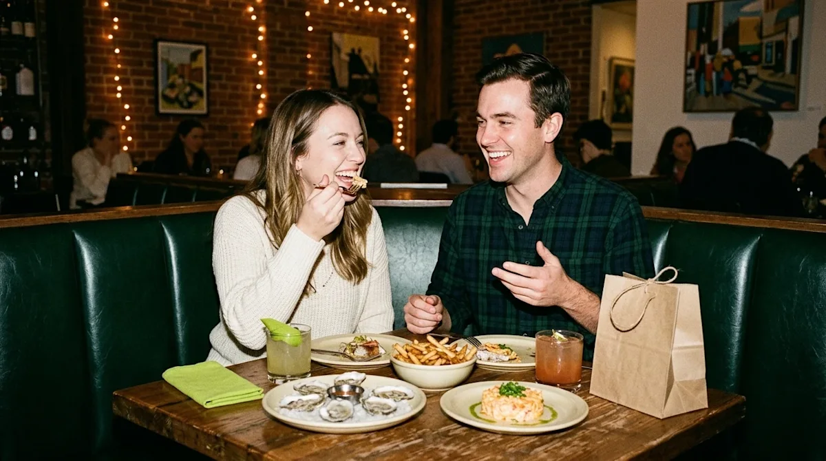 A candid, 35mm film lifestyle photograph of a happy couple enjoying a meal at a cozy, trendy restaurant in Richmond, Virginia