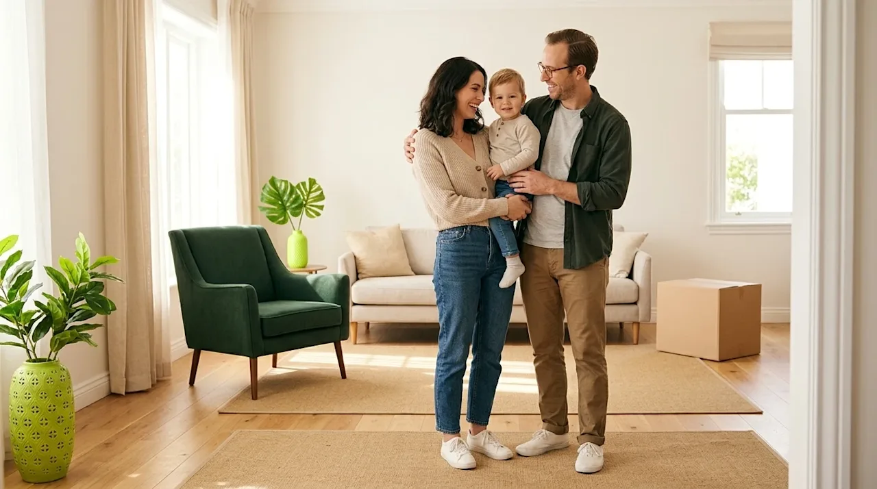 Professional marketing photography of a happy, relaxed family standing together in the bright, sunlit living room of their im