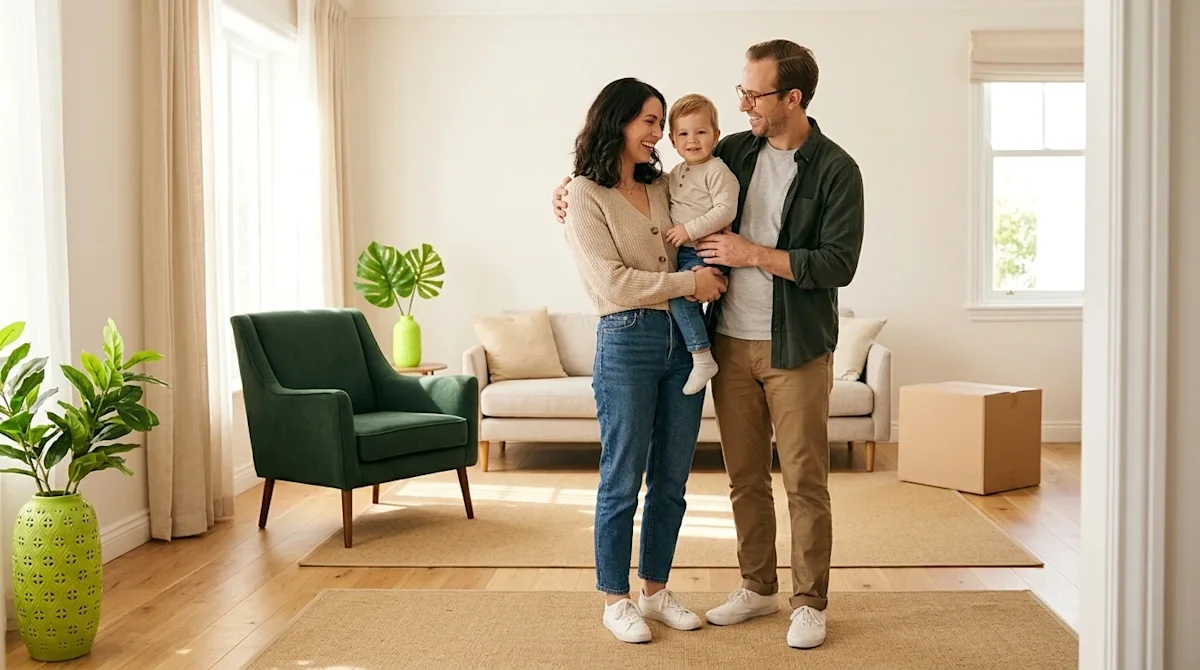 Professional marketing photography of a happy, relaxed family standing together in the bright, sunlit living room of their im