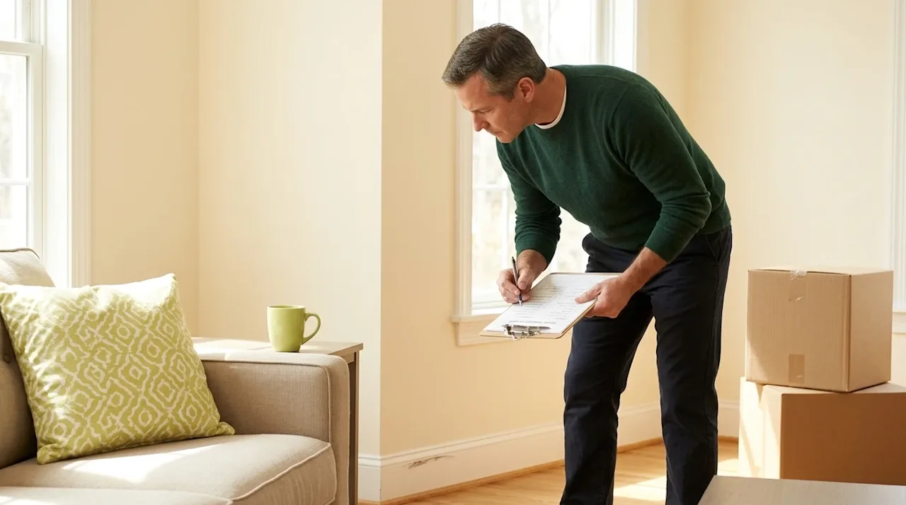 Clear and professional marketing photography of a thoughtful homeowner standing in a bright, warmly lit living room, capturin